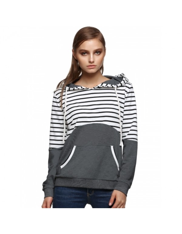 Casual Long Sleeve Striped Patchwork Pullover Hood...