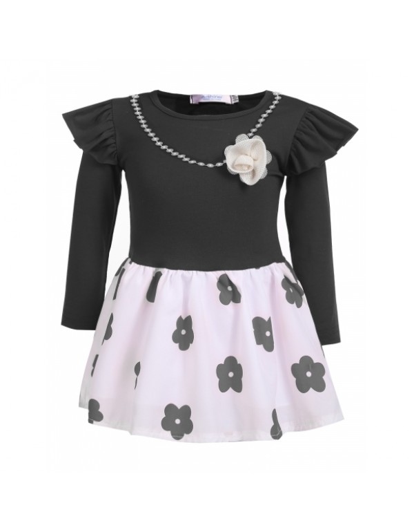 Child Girl Long Sleeve Floral Dress with Beads Nec...
