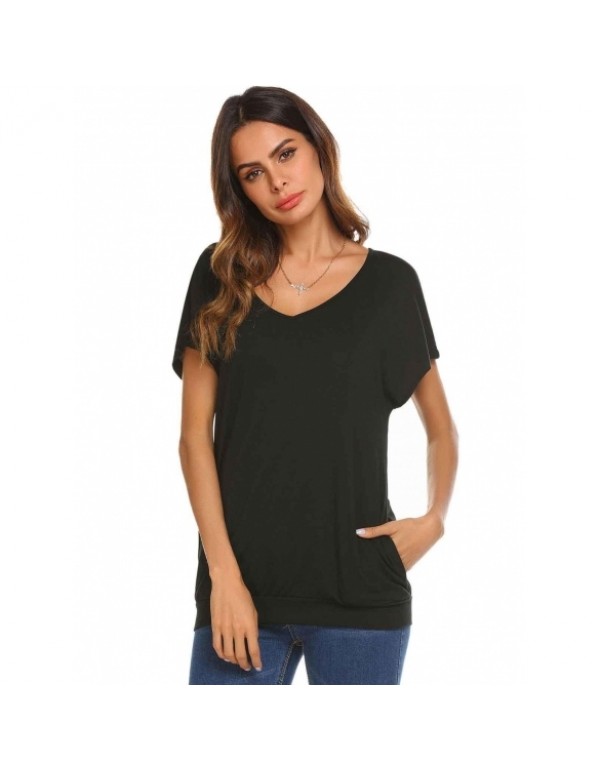Solid V Neck with Two Side Pockets Short Sleeve T-Shirt Tops