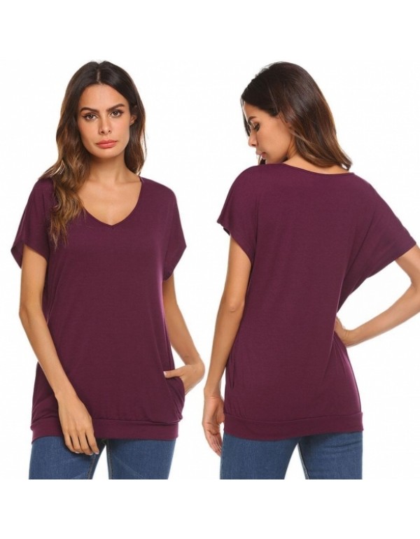 Solid V Neck with Two Side Pockets Short Sleeve T-Shirt Tops