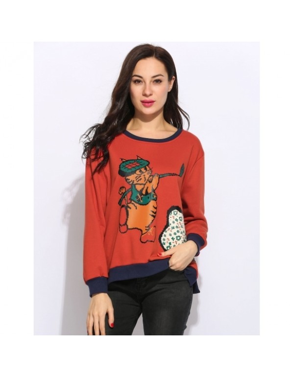 Cat Printing Long Sleeve Round Collar Loose Casual...