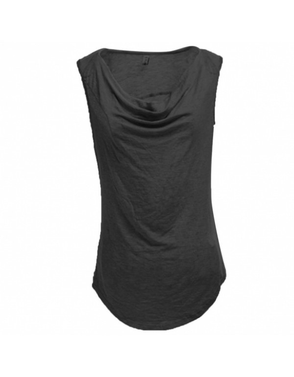 Cowl Neck Sleeveless Curved Hem Casual Solid T-Shi...