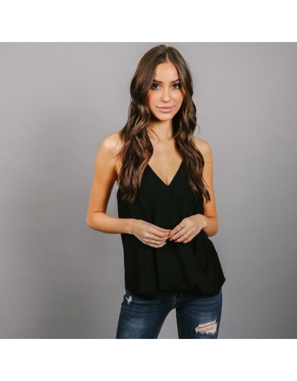 V-Neck Halter Faux Wrap Draped Solid Casual Loose Chiffon Blouse Tops