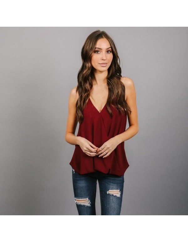 V-Neck Halter Faux Wrap Draped Solid Casual Loose Chiffon Blouse Tops