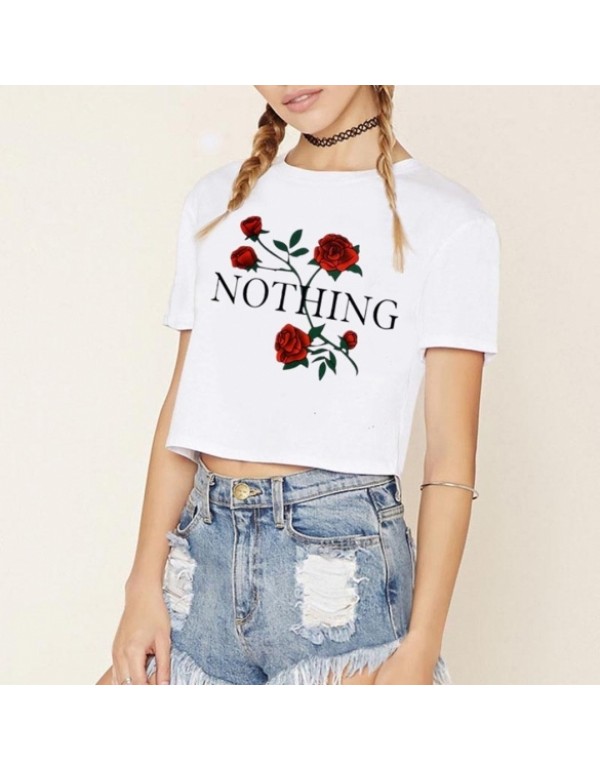 New FashionCasual Rose Letter Printed Short Sleeve Round Neck T-shirt Crop