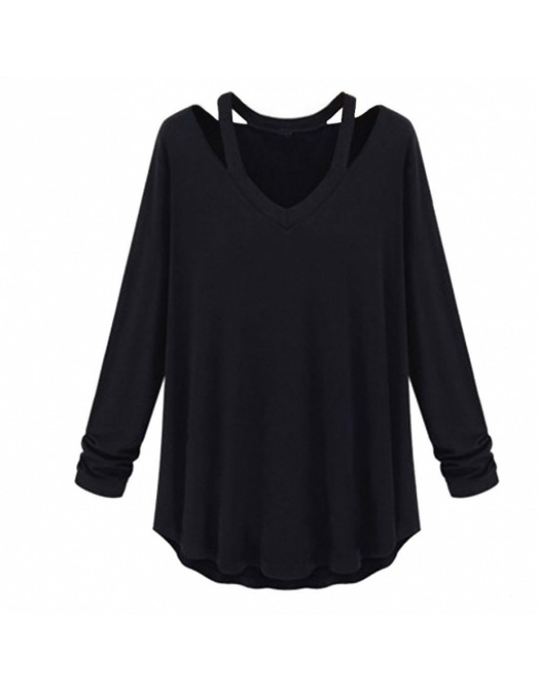 New Fashion Soft Casual Solid V-Neck Long Sleeve T...
